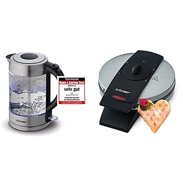 Cloer 4429 Glas Wasserkocher,Testsieger Haus und Garten 02.2019, 2200 Watt, 1,7 Liter, Edelstahl, 1.7 liters & 1629 Waffelautomat für klassische herzchen-Waffeln / 930 W/Waffelgröße 15,5 cm im Sale